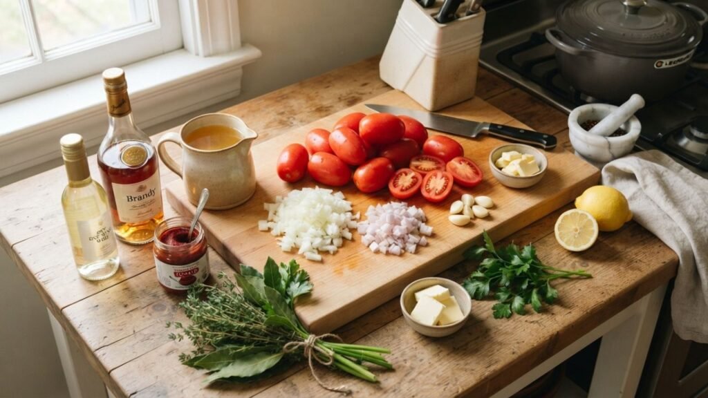 tomatoes onion garlic herbs and seafood stock