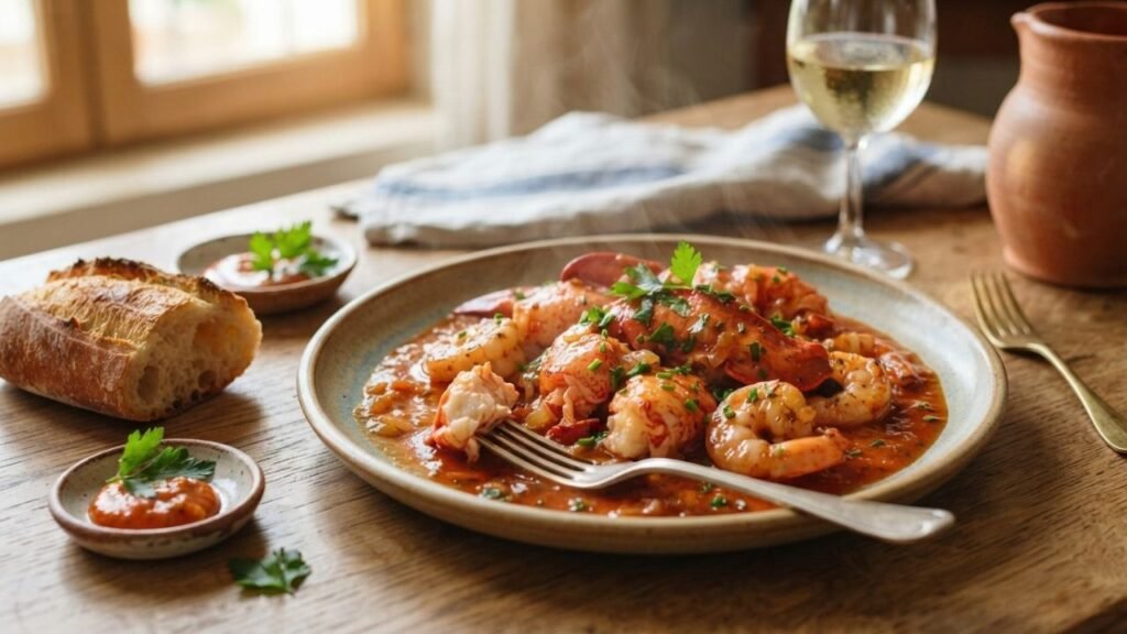 Lobster and shrimp with rich tomato seafood sauce