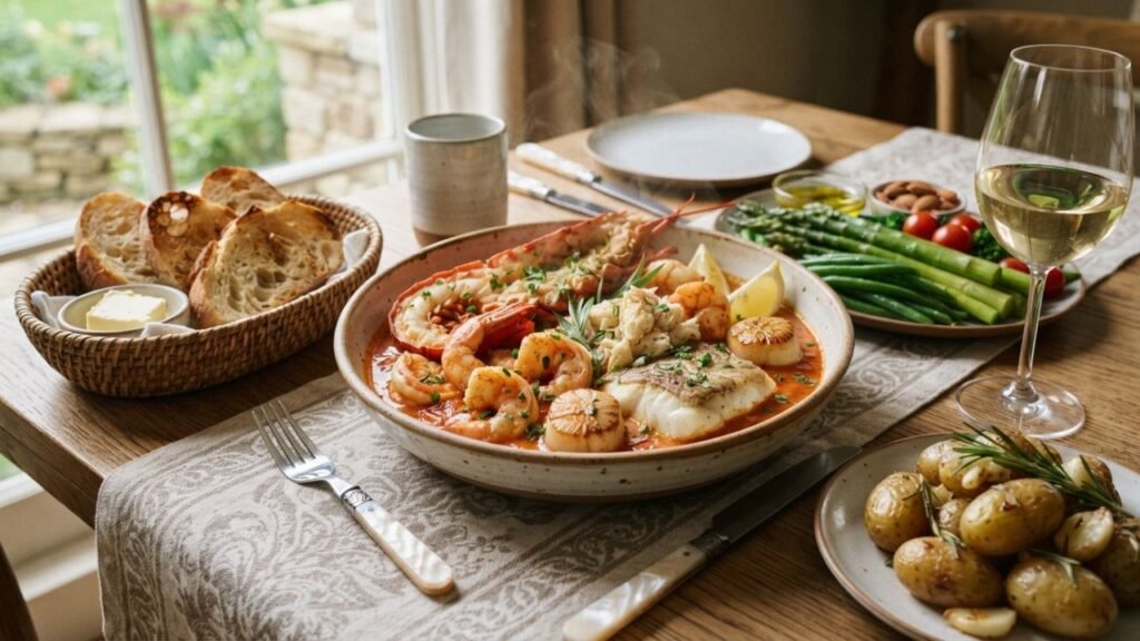 lobster served with potatoes and vegetables