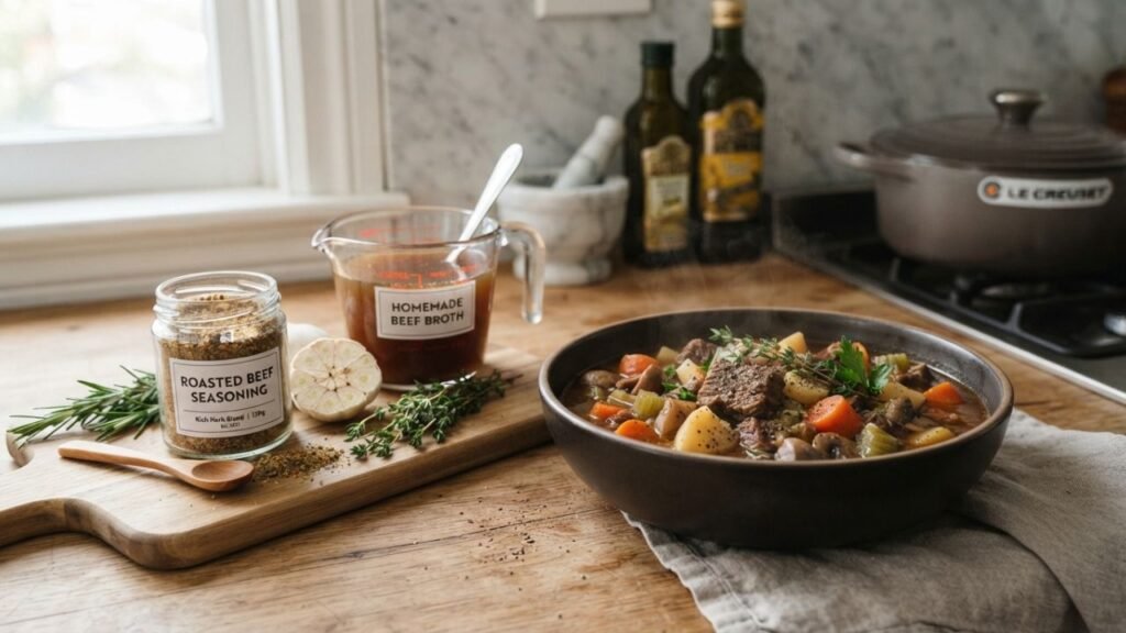 A hearty beef dish with vegetables and fresh herbs