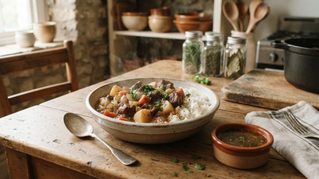 Tender beef served with potatoes, carrots, and mushrooms