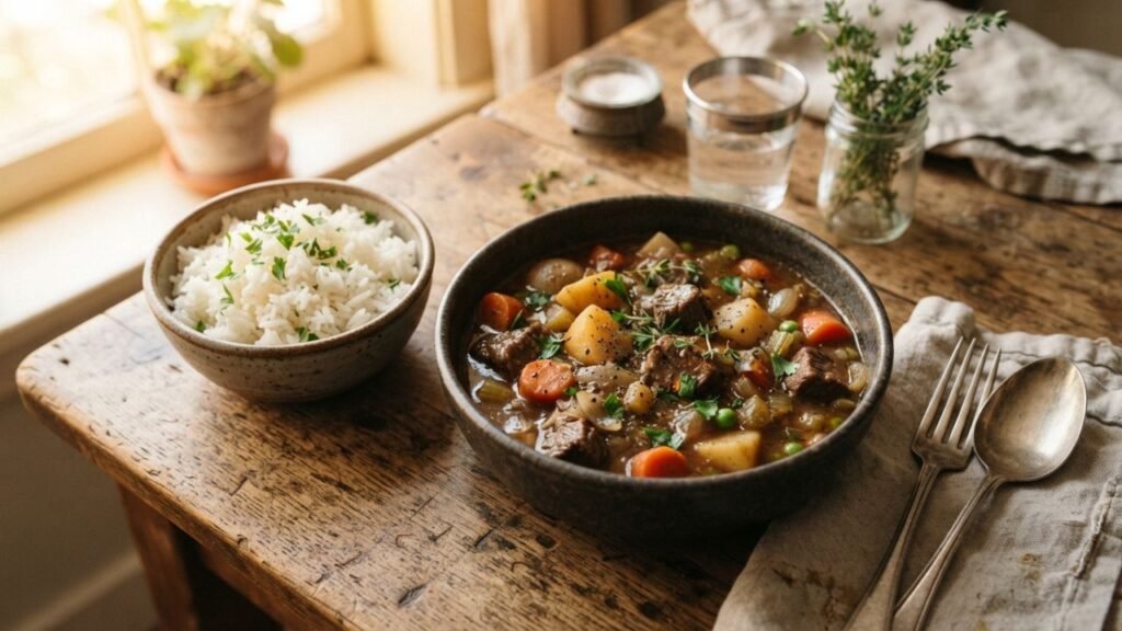 Beef flavoring with rice, beef, and vegetables