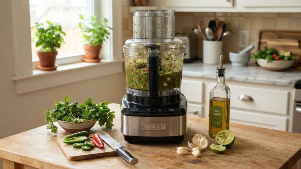 Fresh ingredients being blended for chili sauce