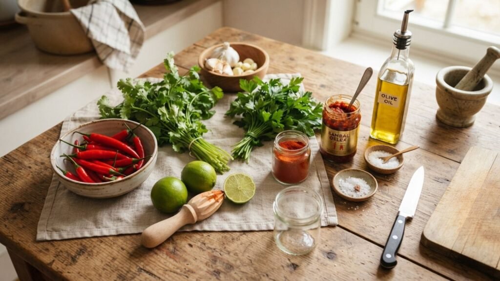 Fresh chilies, herbs, garlic, lime, and olive oil