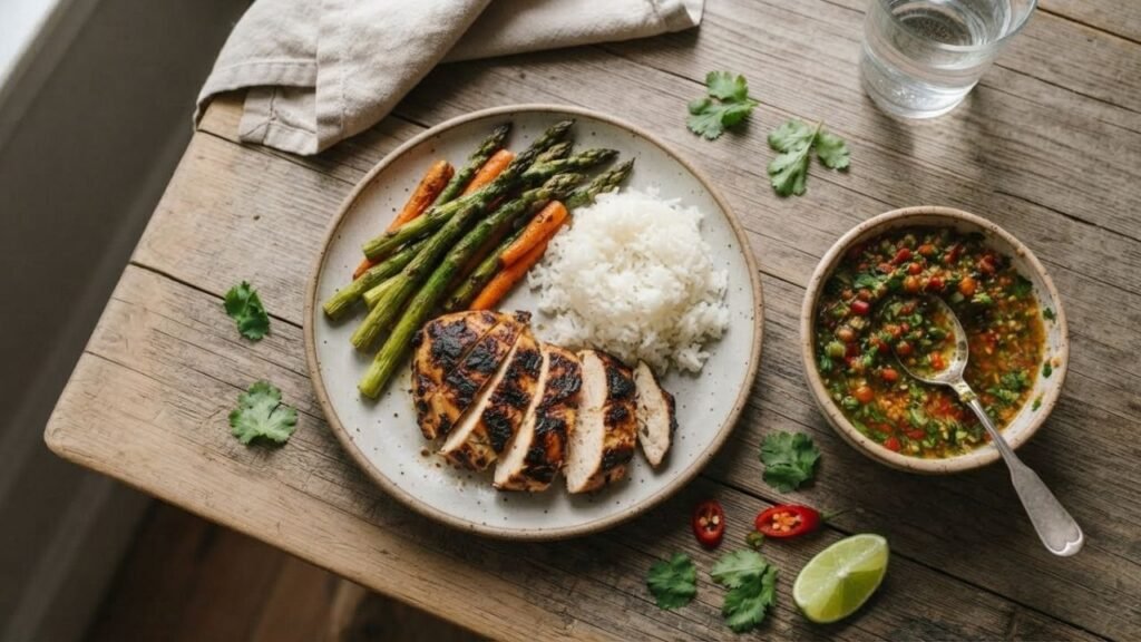 Poyo Poyo Sauce with grilled chicken and vegetables
