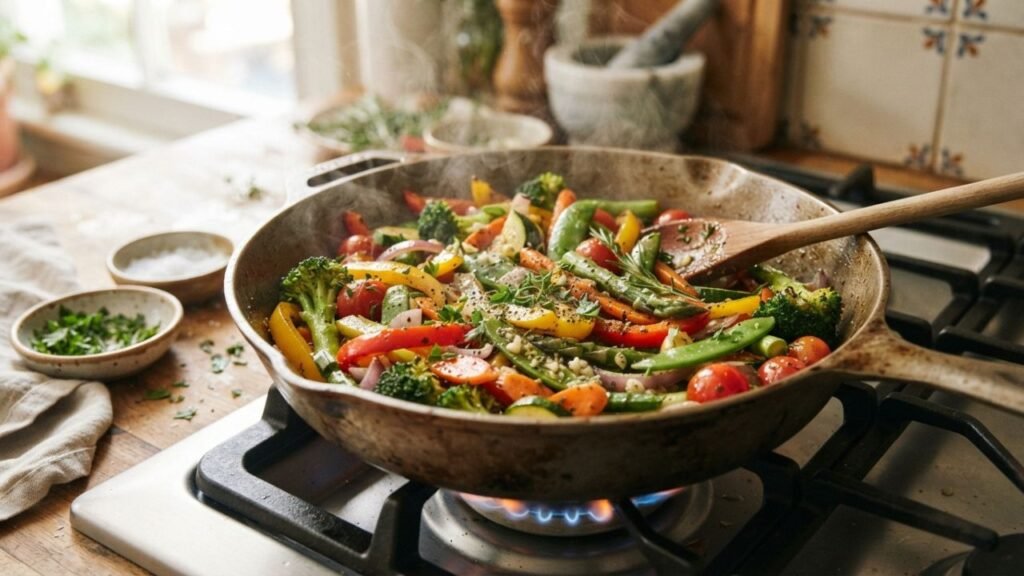 Crisp-tender mixed vegetables in a skillet