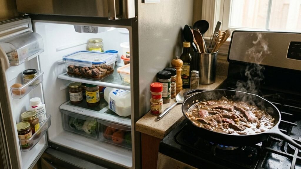 Aguayón beef in a container and skillet