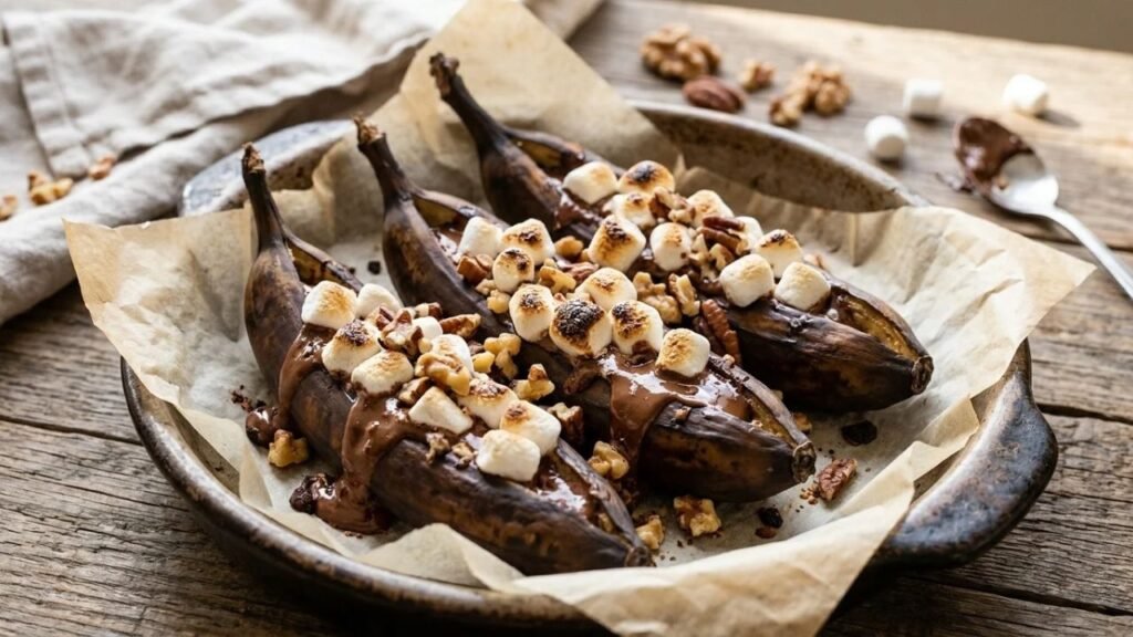 Baked bananas filled with melted chocolate.