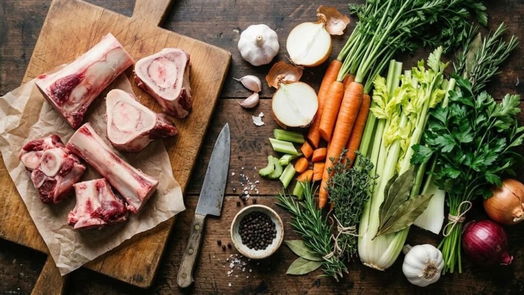 Beef bones, carrots, celery, onion, garlic, and fresh herbs