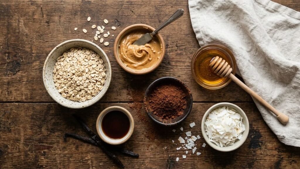 Oats, peanut butter, honey, and cocoa powder for Bliss Bites.