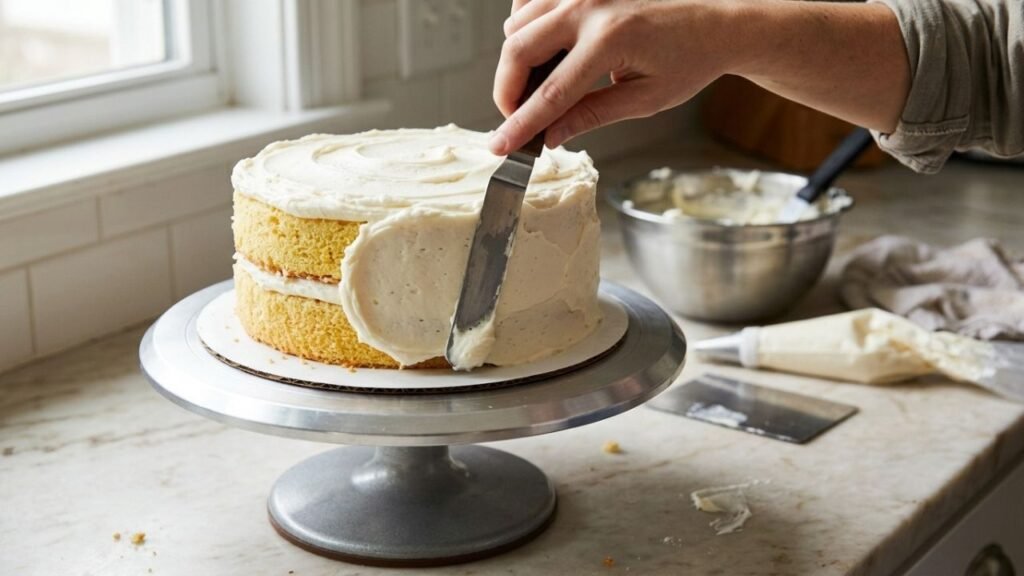 Layered cake being covered with buttercream frosting