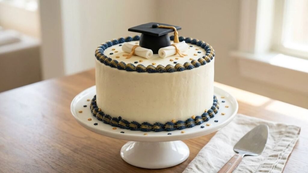 Graduation cake with smooth frosting and neat piped borders