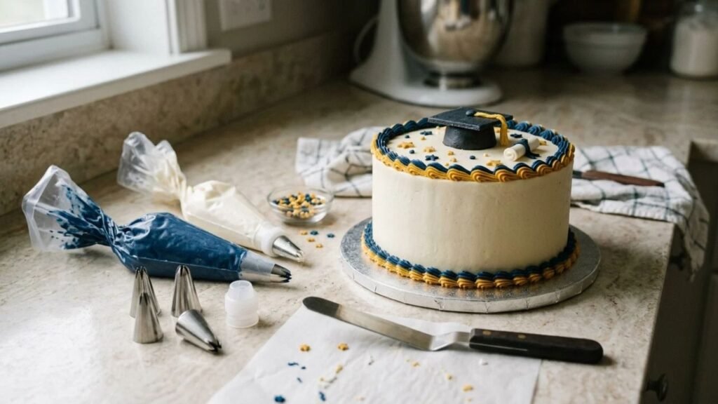 Piping bags and decorating tools beside a cake