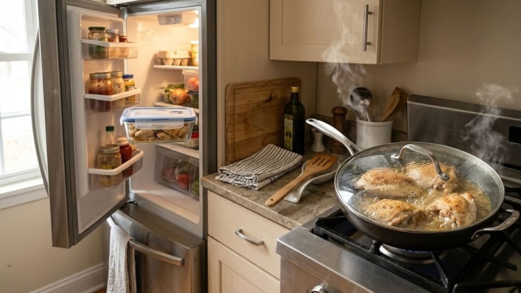 Cooked chicken stored and reheated