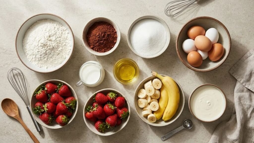 Flour, cocoa powder, eggs, strawberries, bananas, and cream