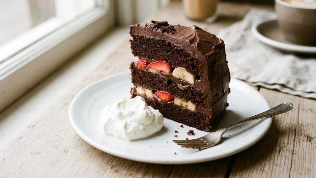 Slice of chocolate cake with strawberries and whipped cream