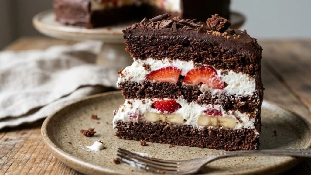 Chocolate sponge with strawberry, banana, and cream filling
