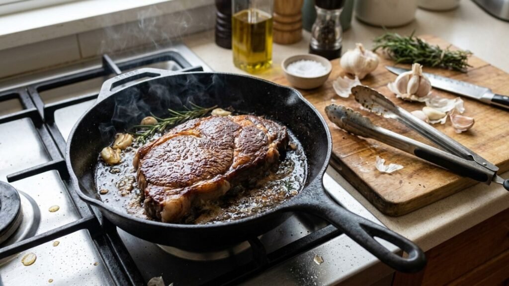 Aguayón steak browning in a skillet.