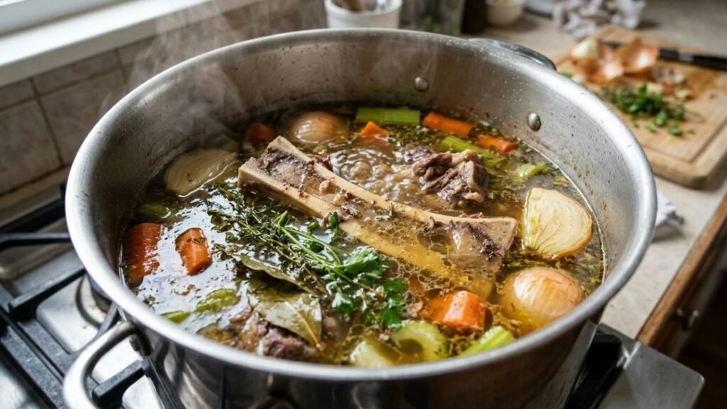 Beef bones simmering with vegetables in a large stockpot