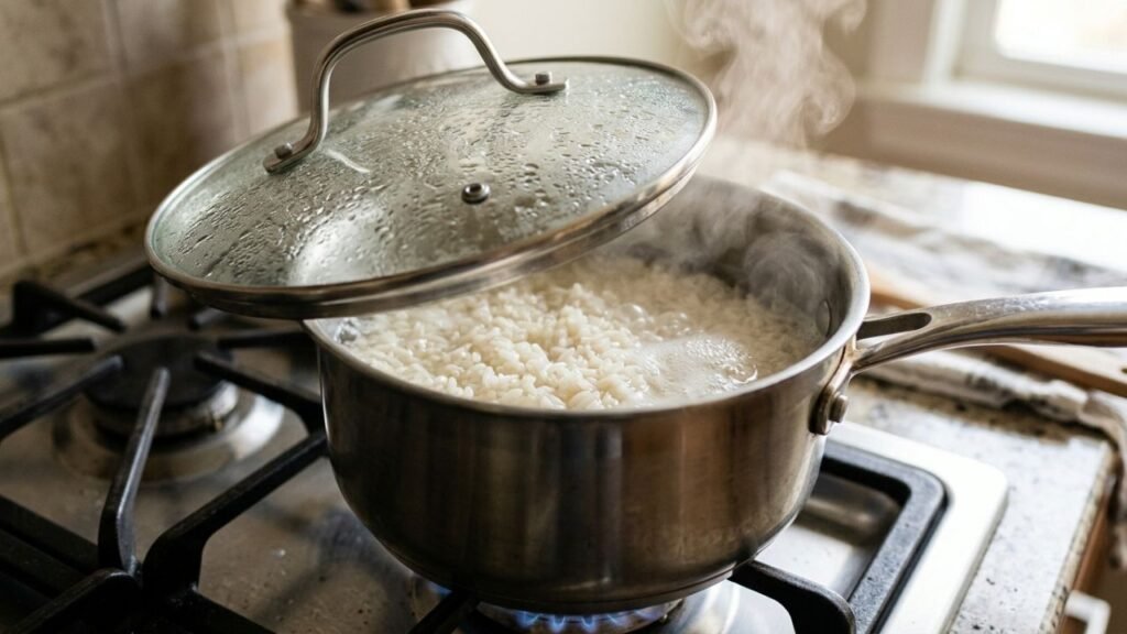 Fluffy white rice cooking in a saucepan.