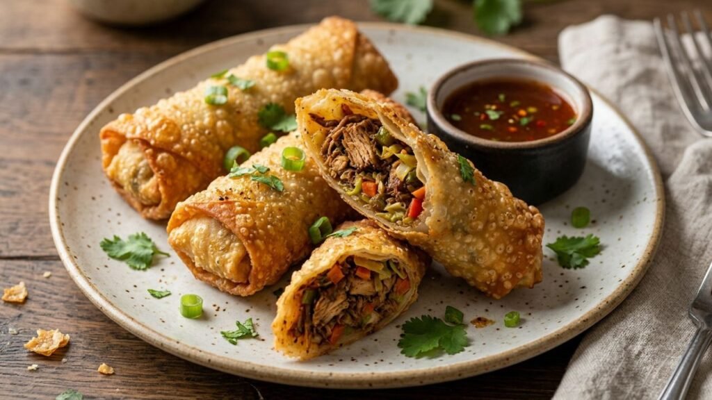 Crispy jerk chicken egg rolls with chicken filling.