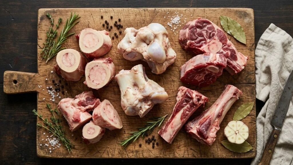 Beef marrow bones, joint bones, and meaty bones on a cutting board