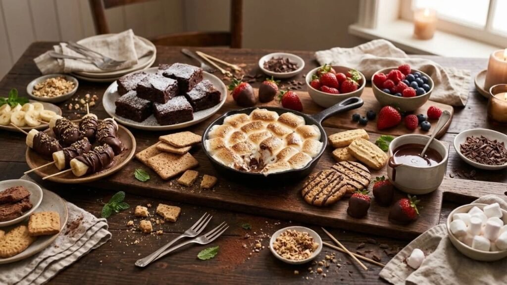 Homemade chocolate desserts with marshmallows and fruit.