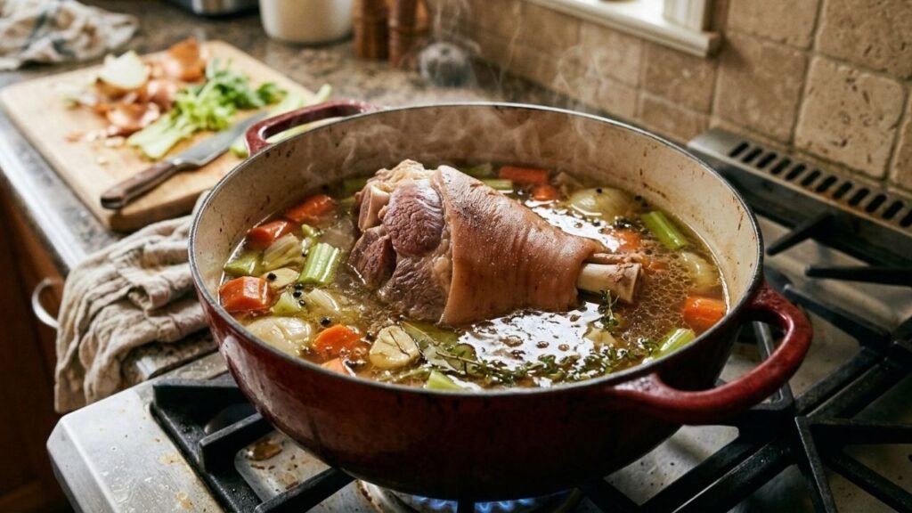 Fresh ham hock cooking gently
