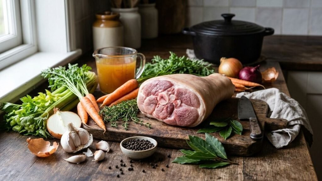 Pork, vegetables, herbs, and cooking stock