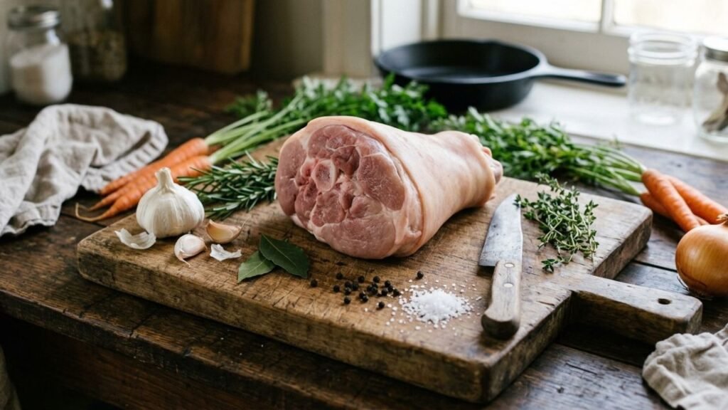 Uncured pork hock on a cutting board