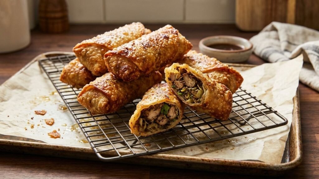 Golden-brown jerk chicken egg rolls with crisp wrappers.