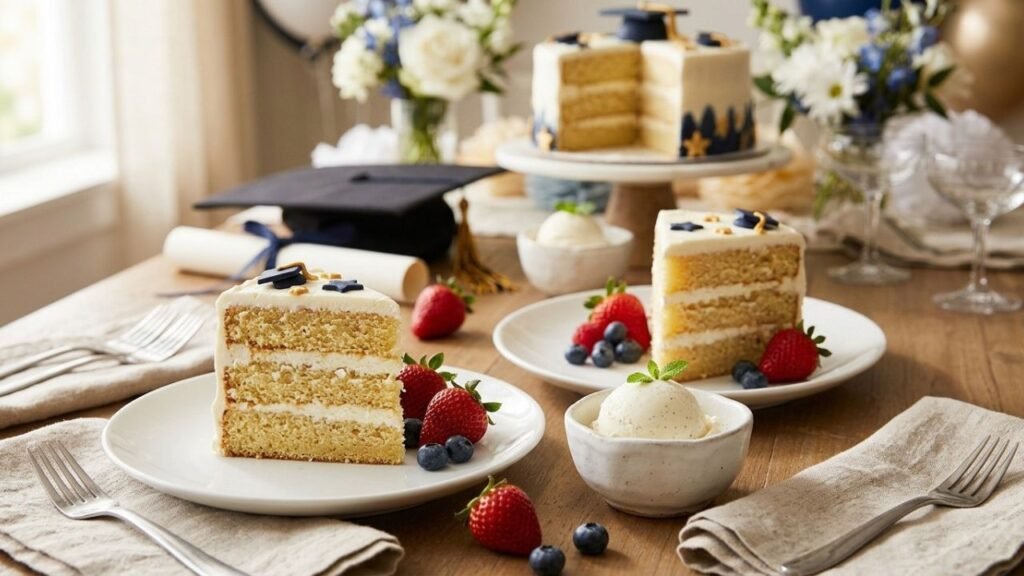 Cake slices served with fresh berries