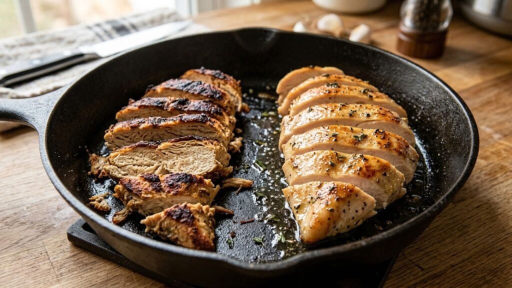 Hard chicken beside juicy chicken