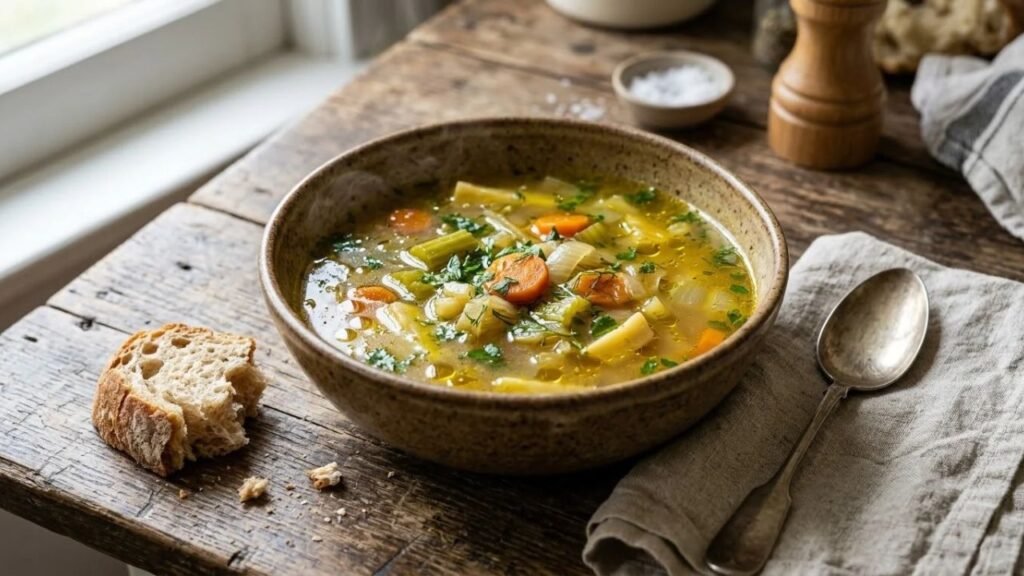 Bowl of homemade broth served beside vegetables and fresh herbs