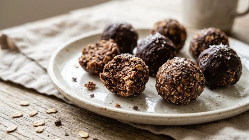No-bake chocolate oat bites on a plate.