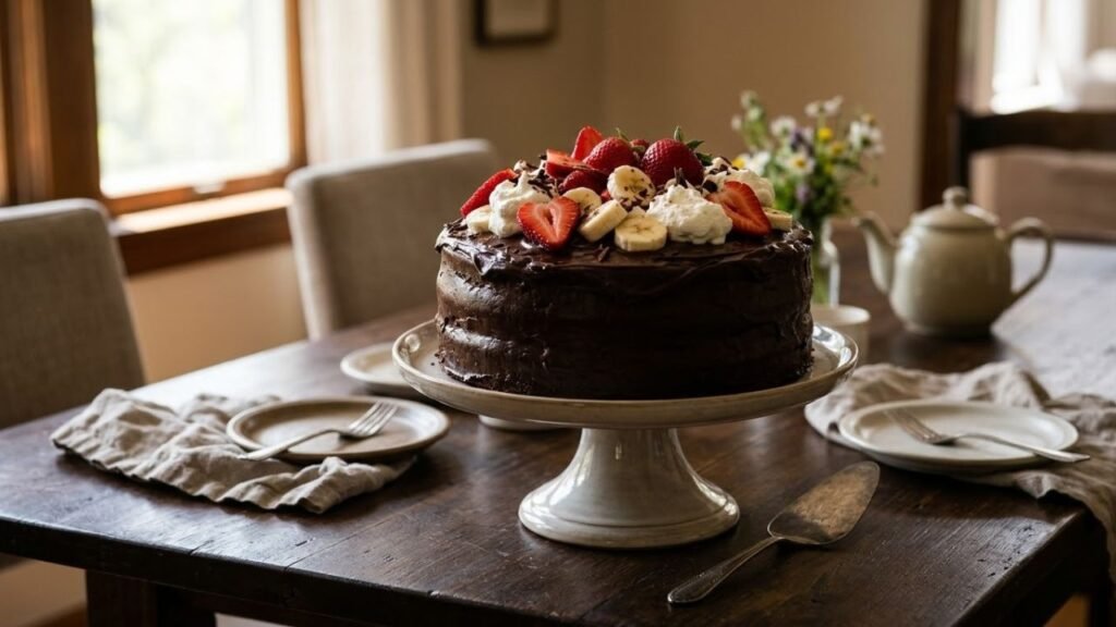 Chocolate cake served with fresh strawberries and bananas