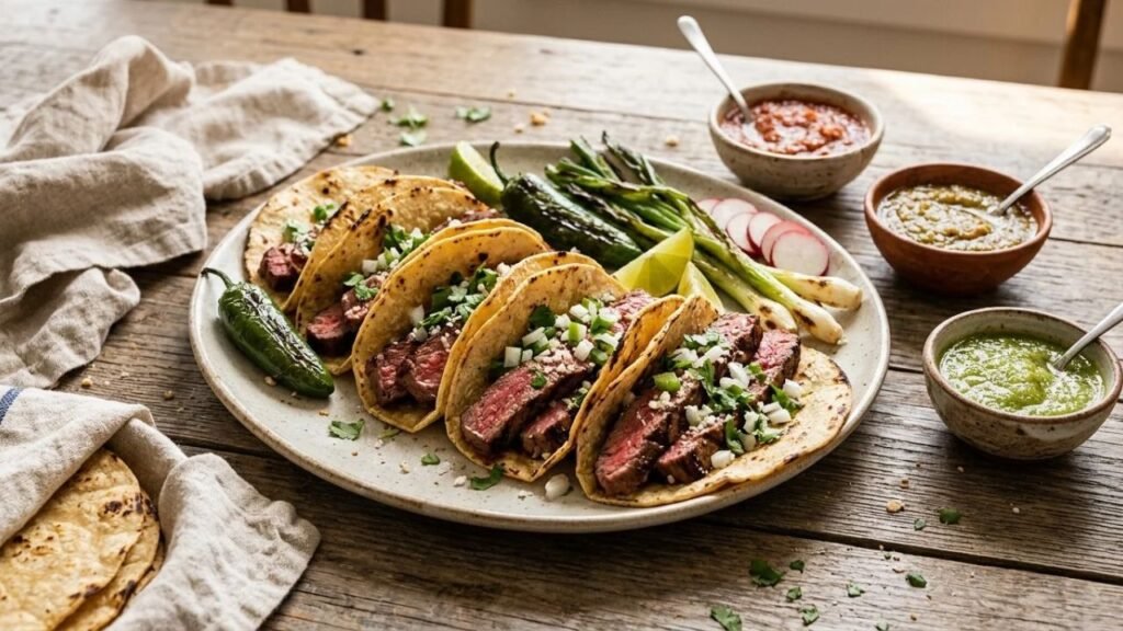 Homemade steak tacos topped with green chiles and fresh onions