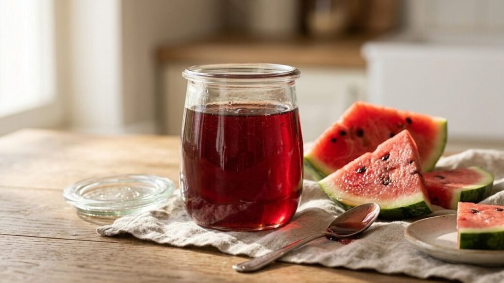 Finished homemade watermelon honey syrup with fresh watermelon
