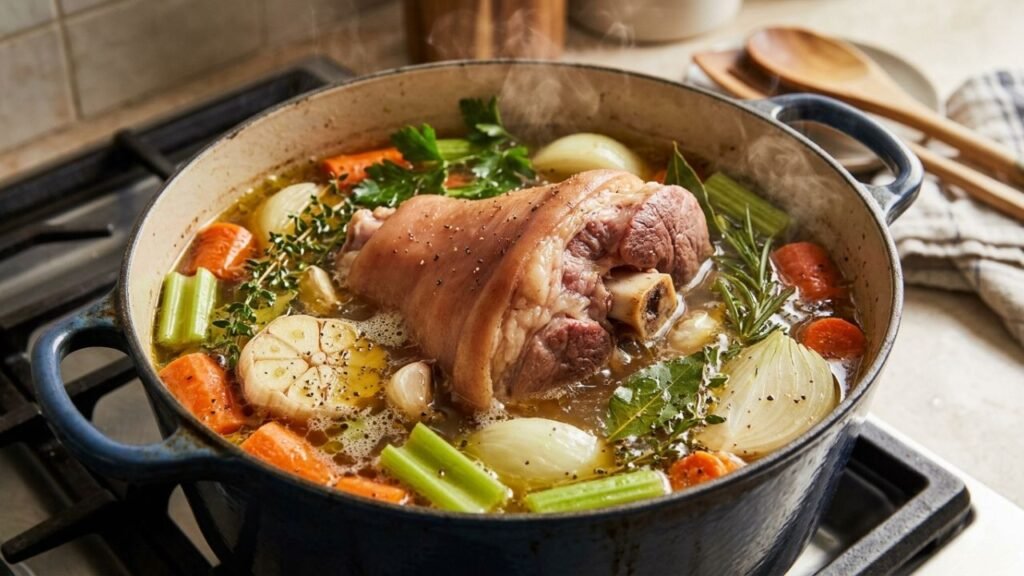 Pork hock simmering with vegetables