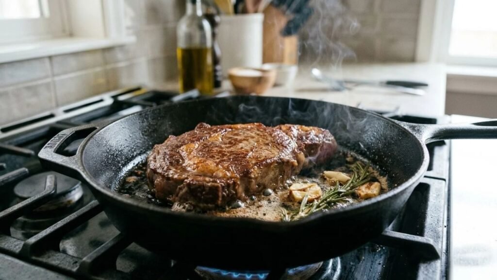 Rib-eye steak searing in a hot skillet