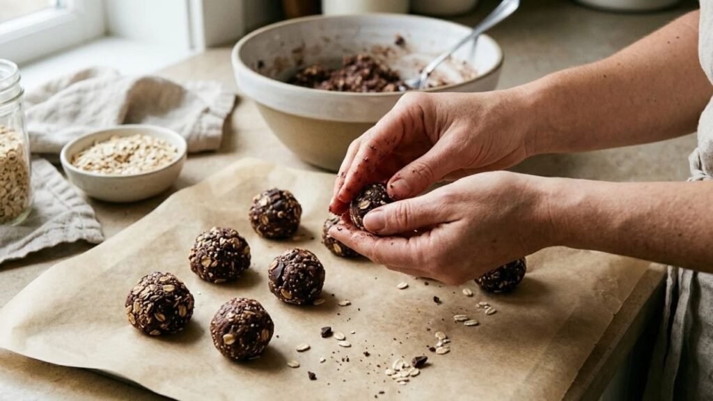 Hands rolling chocolate oat mixture into Bliss Bites.