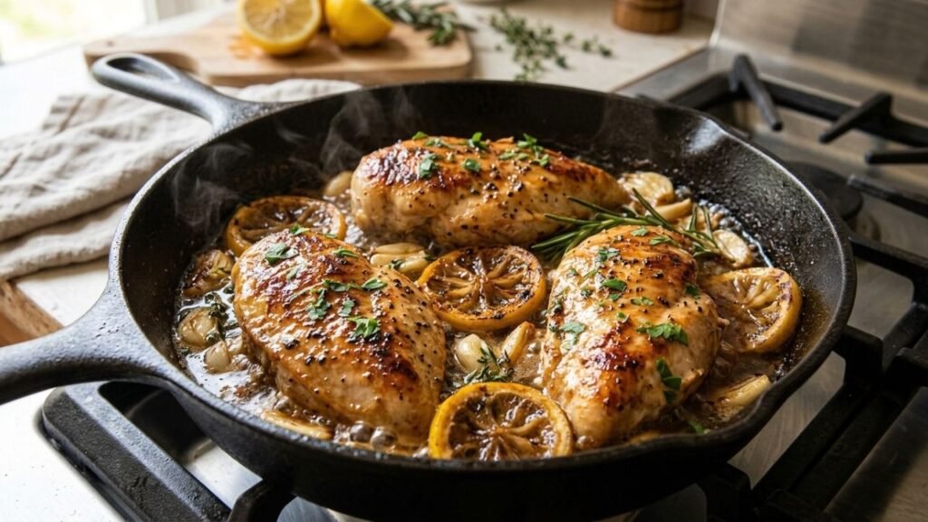 Chicken breast simmering in a skillet