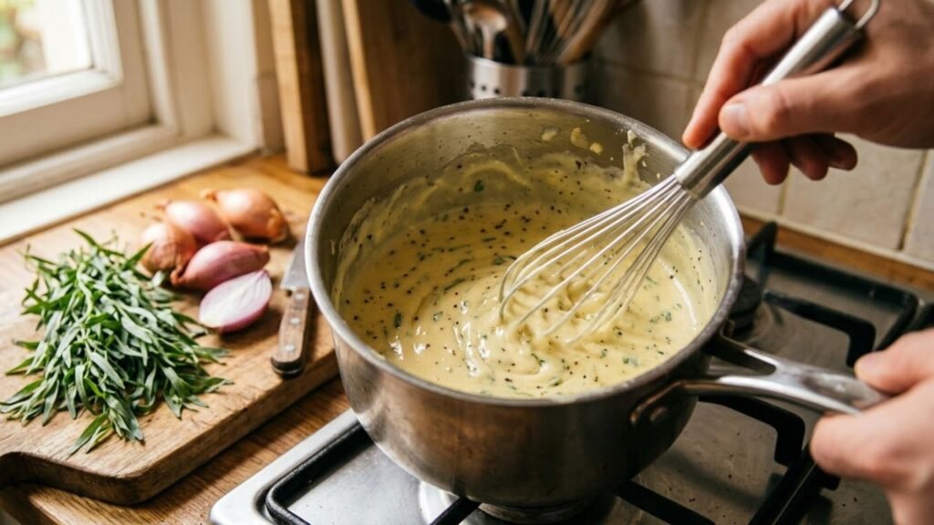 Vegan béarnaise sauce simmering in a saucepan