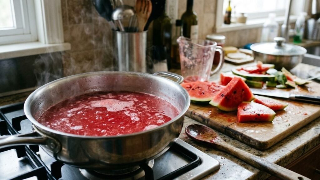 Homemade watermelon honey simmering in a saucepan