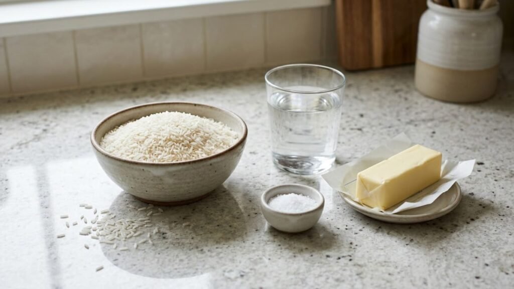 Rice, water, salt, and butter on a kitchen counter.