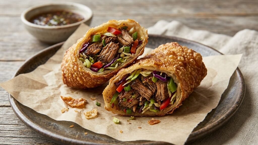 Jerk chicken egg roll cut open to show its filling.