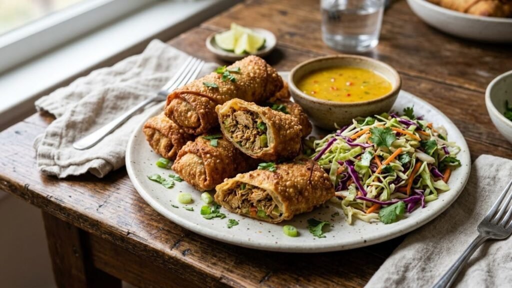 Crispy jerk chicken egg rolls served with dipping sauce.