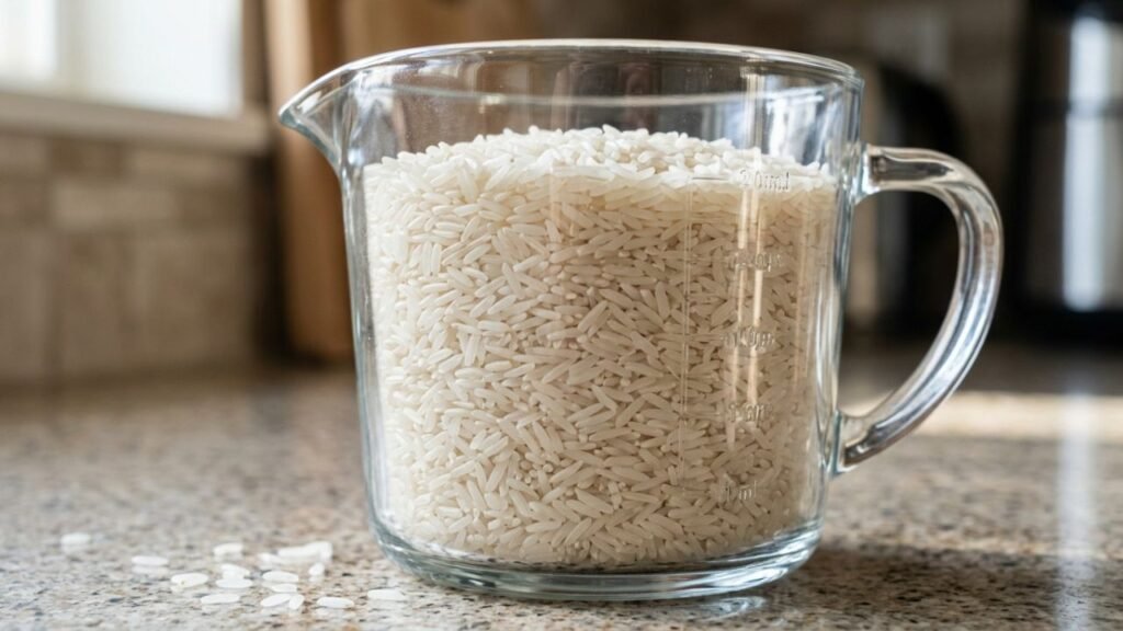 Uncooked rice in a clear measuring jug.
