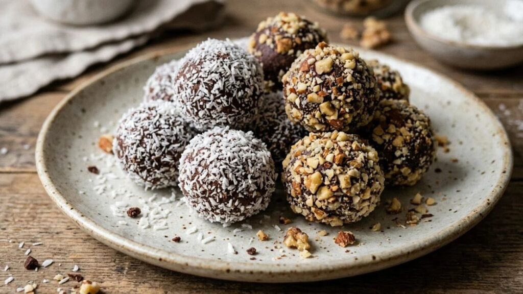 Chocolate biscuit bites coated with coconut.