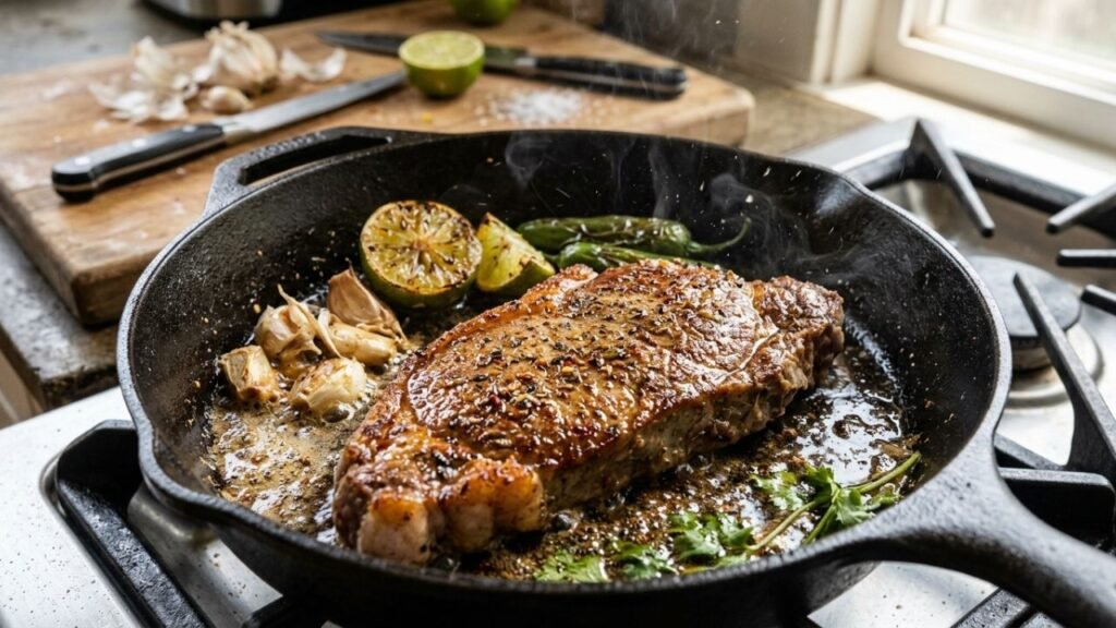 Aguayón steak cooking in a skillet